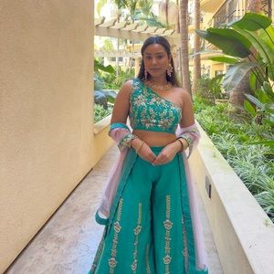 Papa don’t preach inspired teal pink hand work sharara gharara pants set